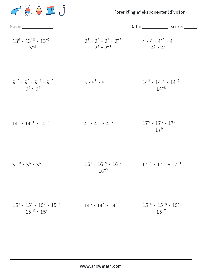 Forenkling af eksponenter (division) Matematiske regneark 9