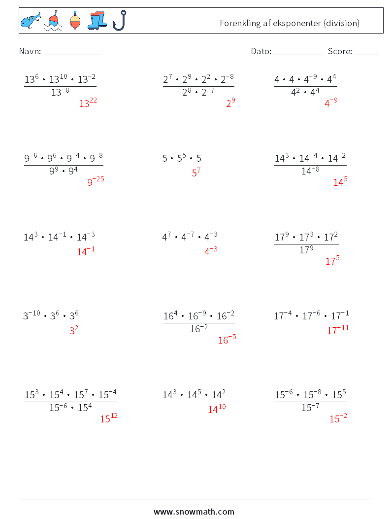 Forenkling af eksponenter (division) Matematiske regneark 9 Spørgsmål, svar