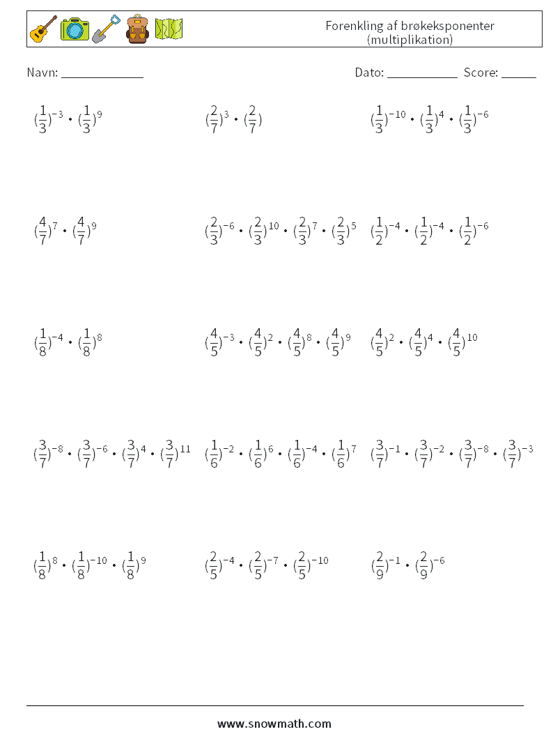 Forenkling af brøkeksponenter (multiplikation) Matematiske regneark 1