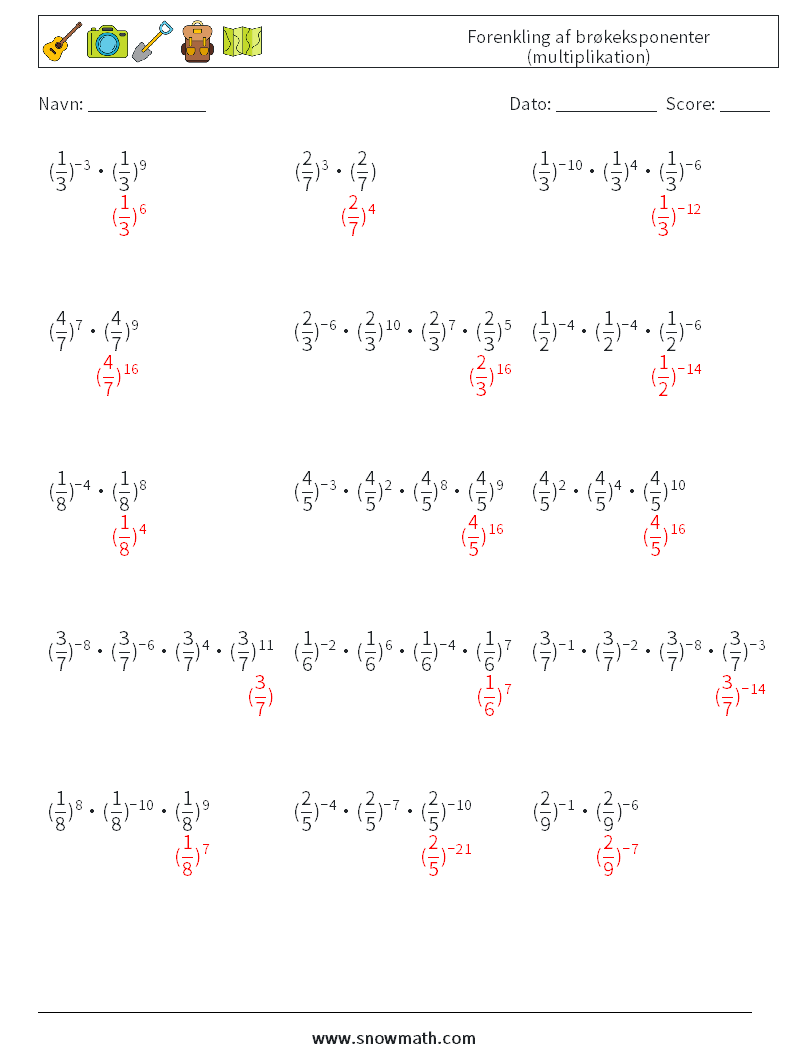 Forenkling af brøkeksponenter (multiplikation) Matematiske regneark 1 Spørgsmål, svar