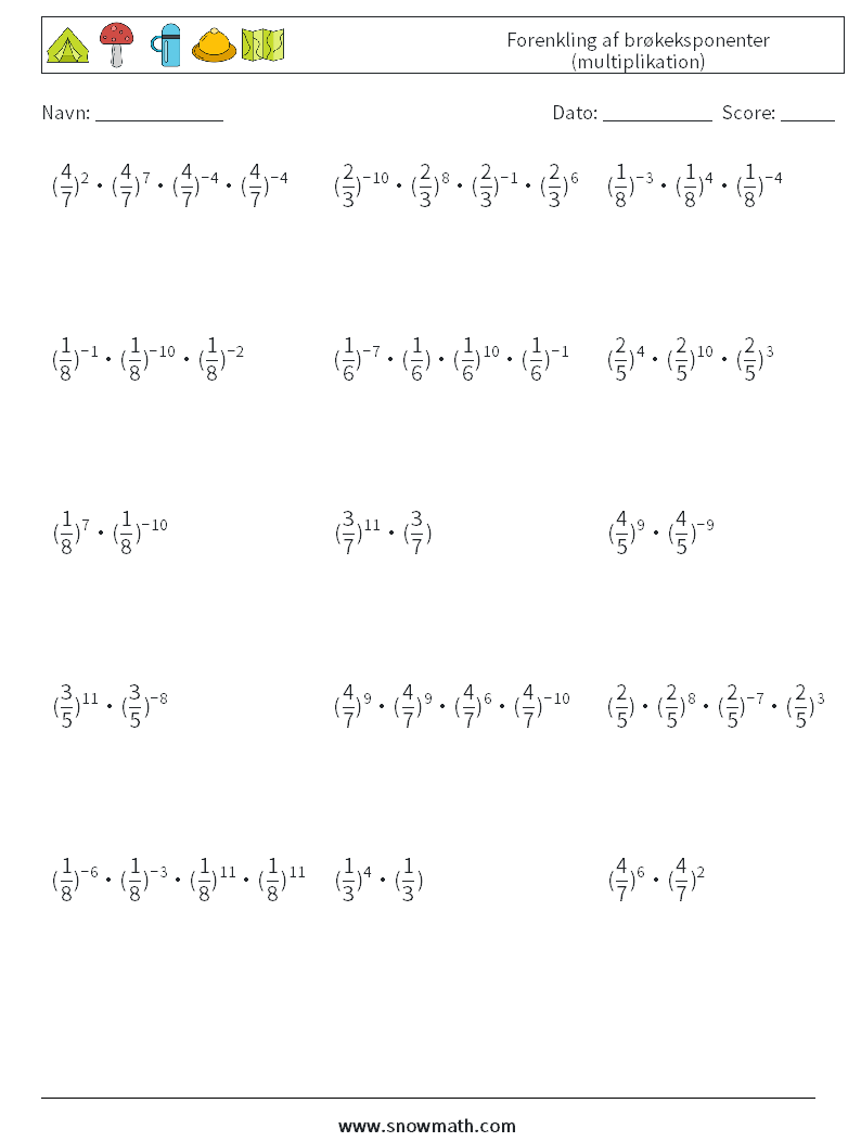 Forenkling af brøkeksponenter (multiplikation) Matematiske regneark 2