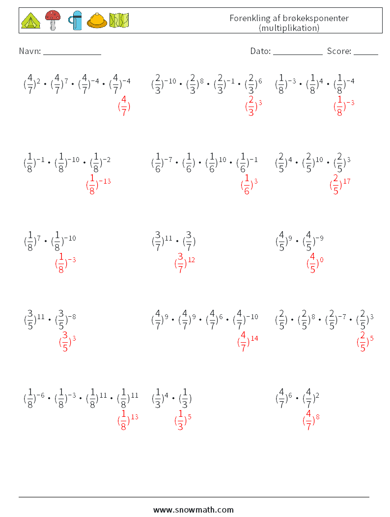 Forenkling af brøkeksponenter (multiplikation) Matematiske regneark 2 Spørgsmål, svar