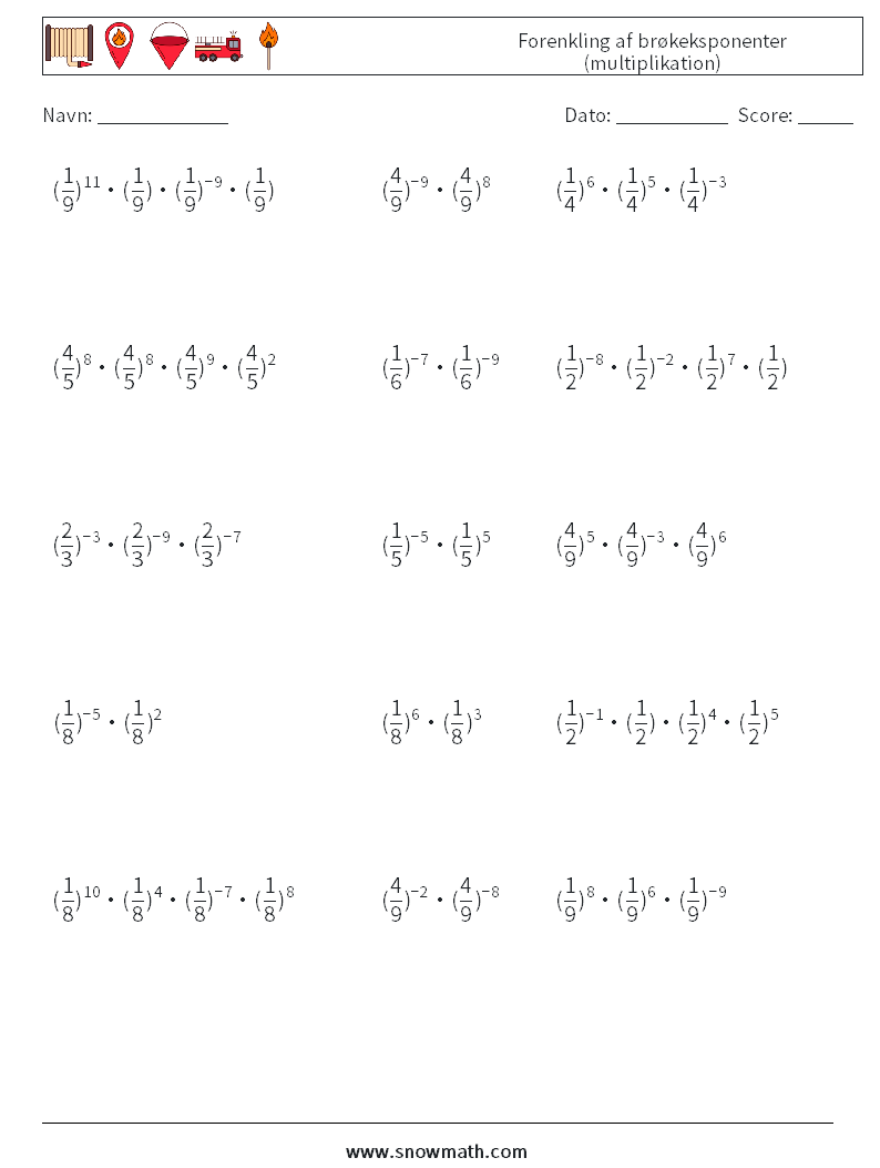 Forenkling af brøkeksponenter (multiplikation) Matematiske regneark 3