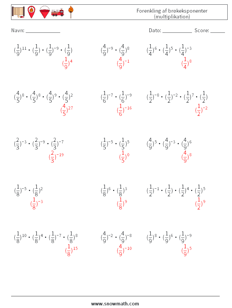 Forenkling af brøkeksponenter (multiplikation) Matematiske regneark 3 Spørgsmål, svar