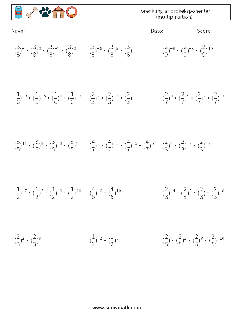 Forenkling af brøkeksponenter (multiplikation) Matematiske regneark 4