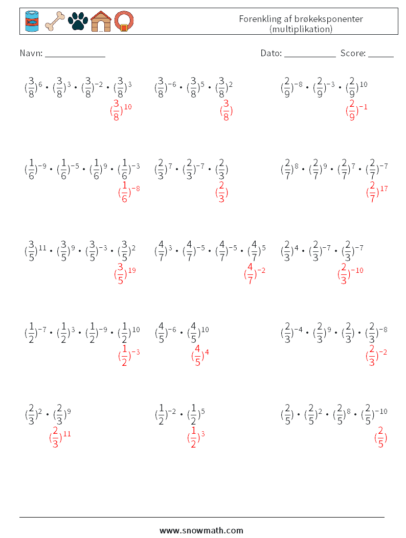 Forenkling af brøkeksponenter (multiplikation) Matematiske regneark 4 Spørgsmål, svar