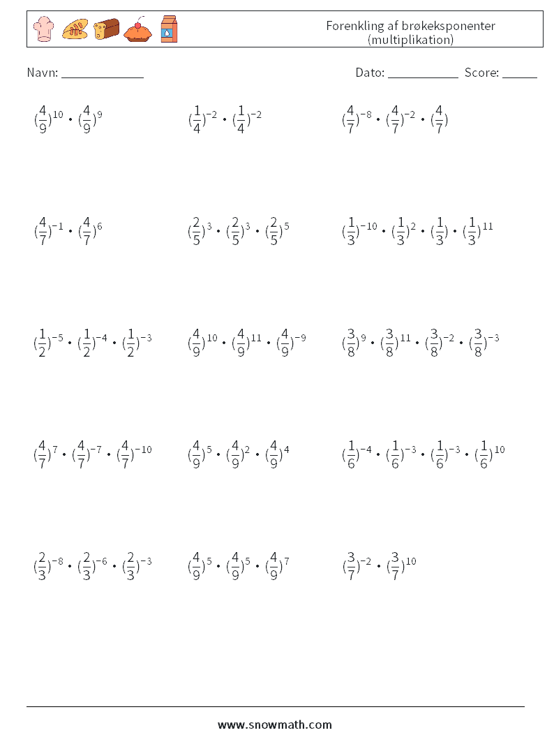 Forenkling af brøkeksponenter (multiplikation) Matematiske regneark 5