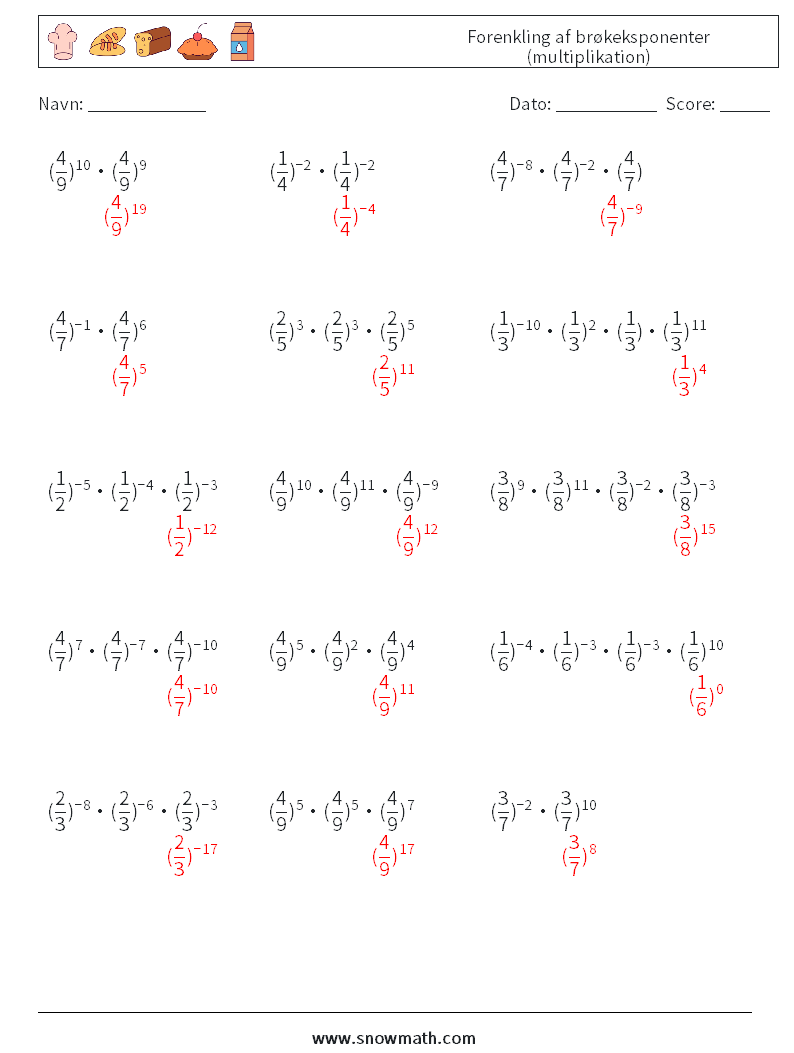 Forenkling af brøkeksponenter (multiplikation) Matematiske regneark 5 Spørgsmål, svar