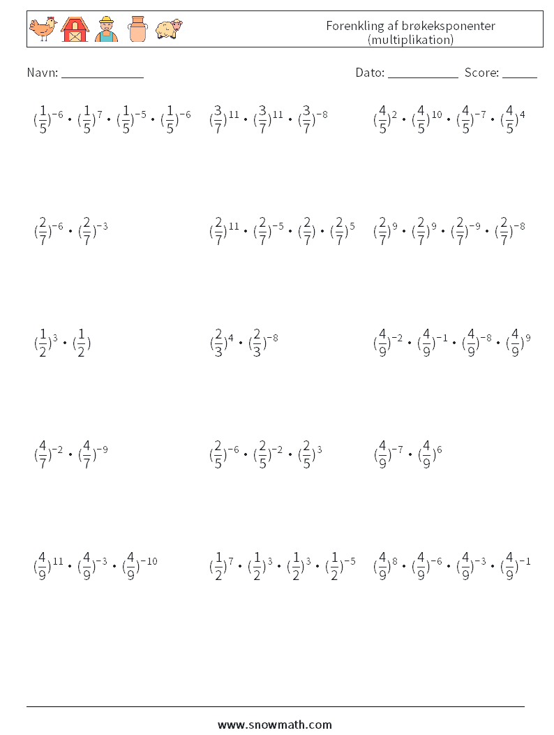 Forenkling af brøkeksponenter (multiplikation) Matematiske regneark 6