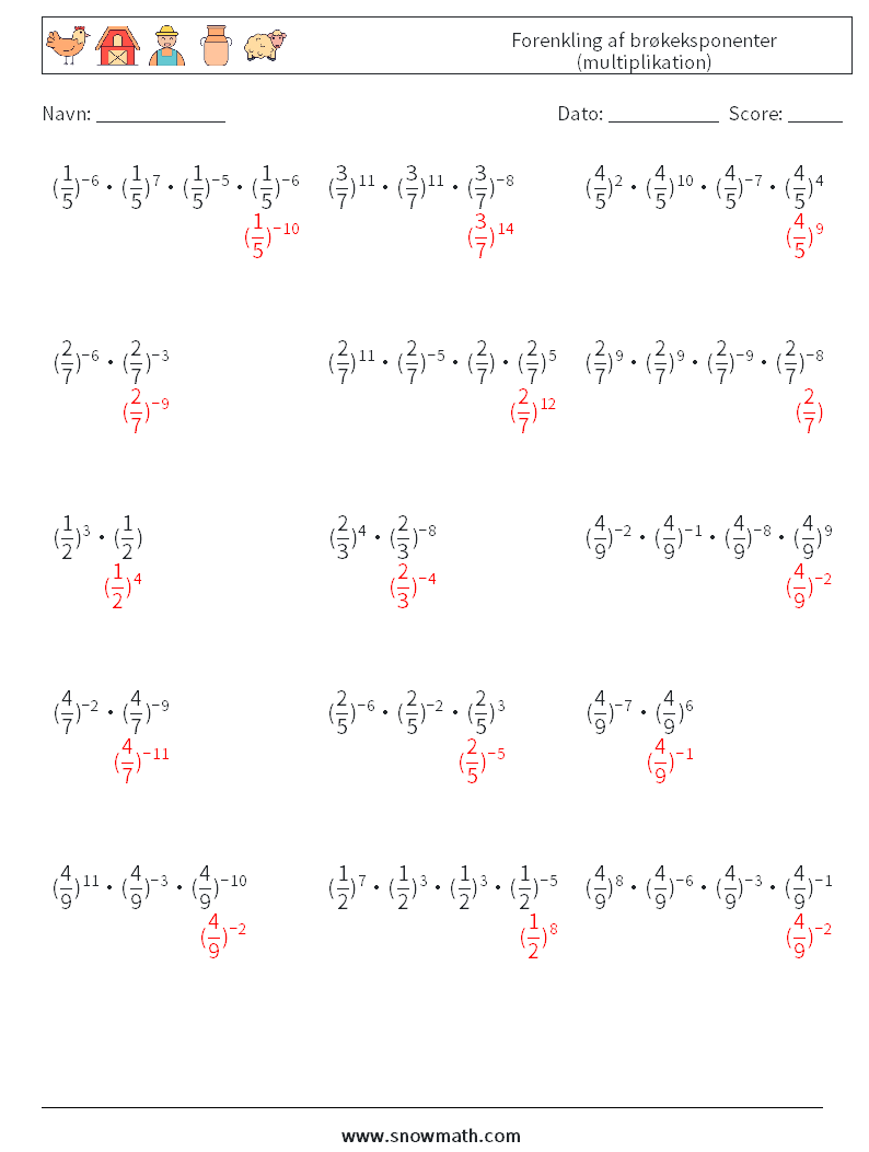 Forenkling af brøkeksponenter (multiplikation) Matematiske regneark 6 Spørgsmål, svar