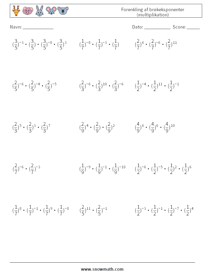 Forenkling af brøkeksponenter (multiplikation) Matematiske regneark 7