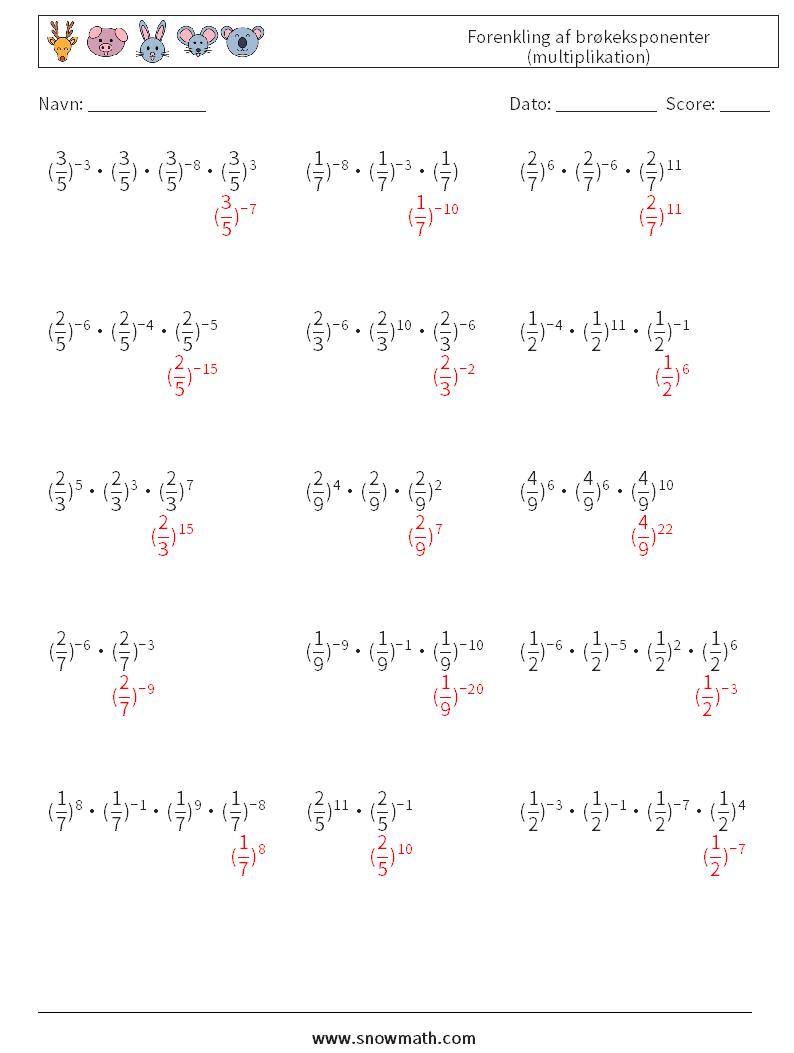 Forenkling af brøkeksponenter (multiplikation) Matematiske regneark 7 Spørgsmål, svar