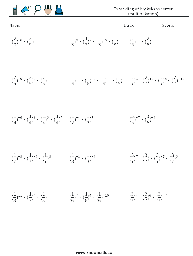 Forenkling af brøkeksponenter (multiplikation) Matematiske regneark 8