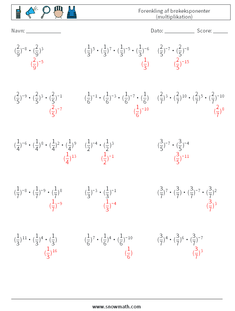 Forenkling af brøkeksponenter (multiplikation) Matematiske regneark 8 Spørgsmål, svar