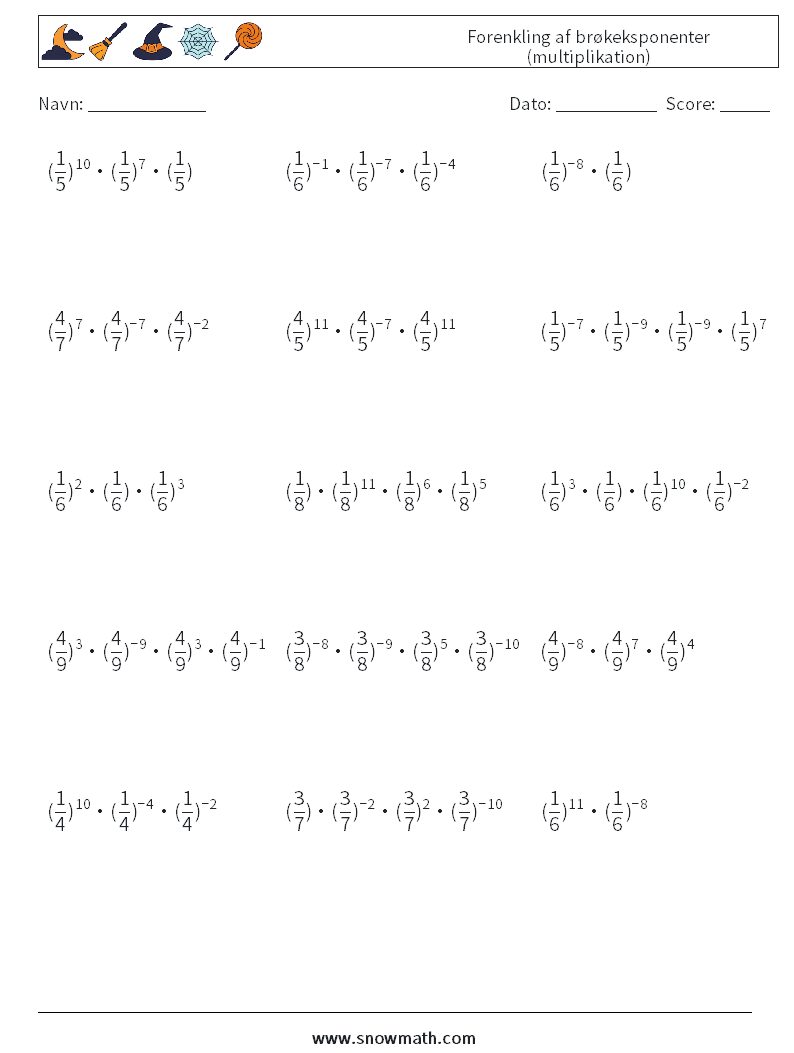 Forenkling af brøkeksponenter (multiplikation) Matematiske regneark 9