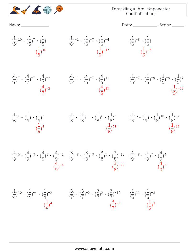 Forenkling af brøkeksponenter (multiplikation) Matematiske regneark 9 Spørgsmål, svar