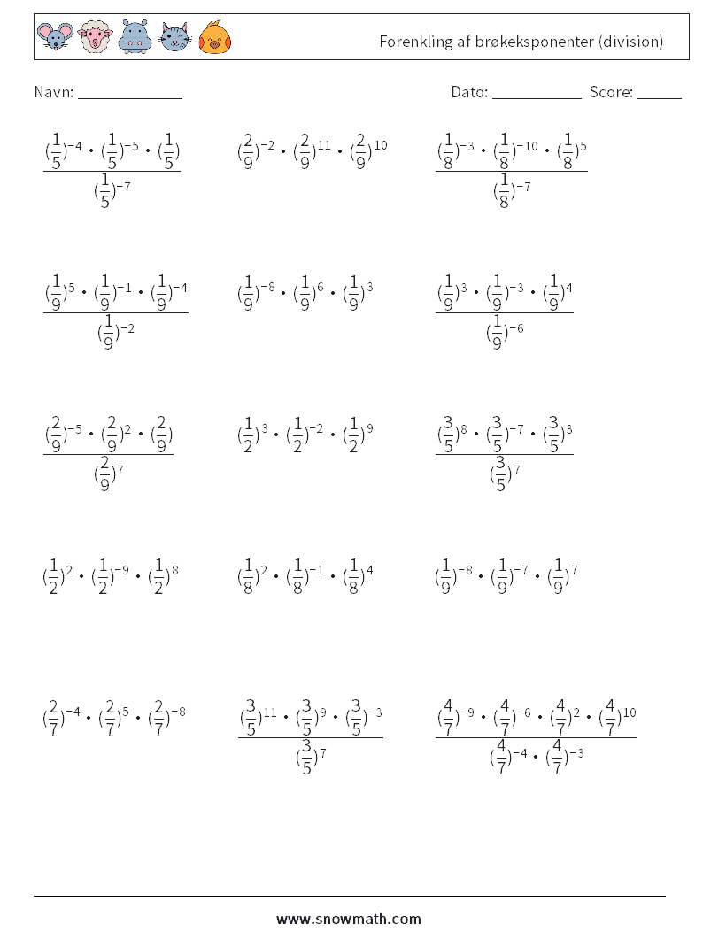 Forenkling af brøkeksponenter (division) Matematiske regneark 1