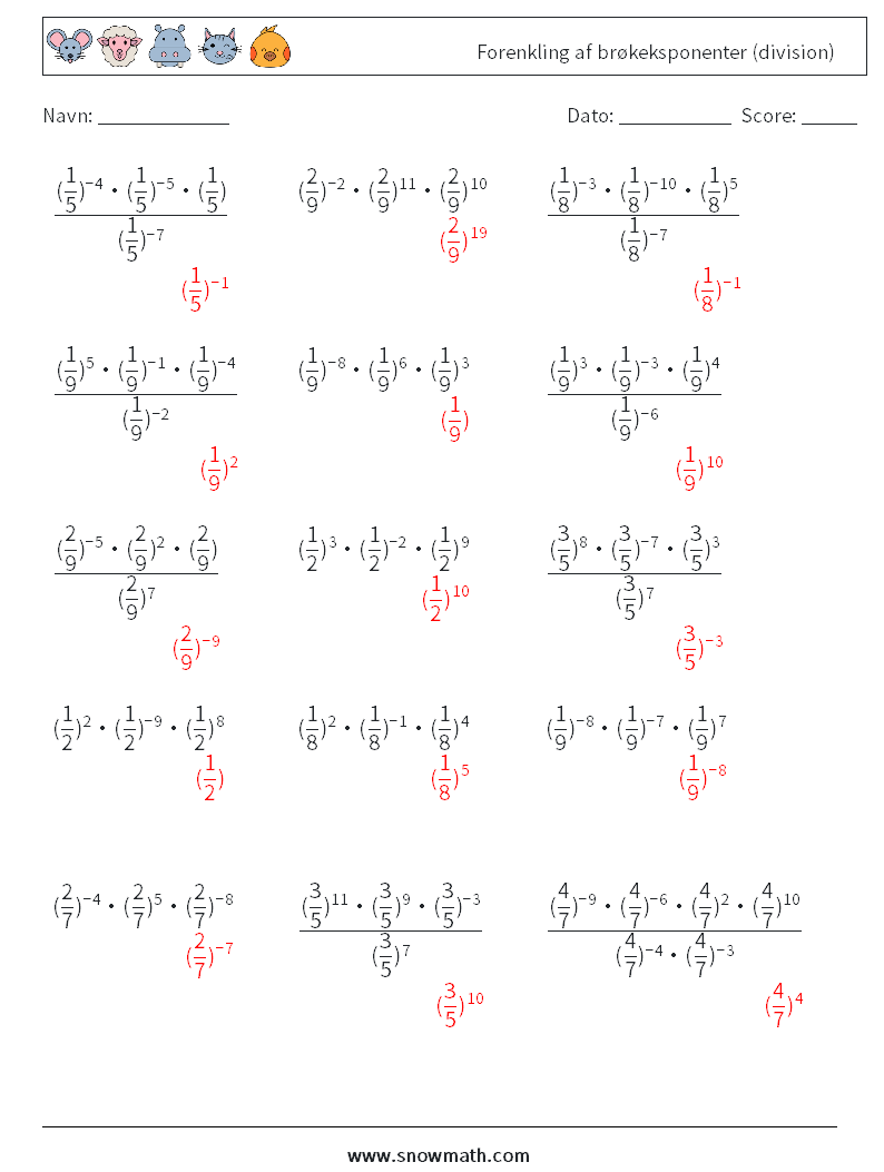 Forenkling af brøkeksponenter (division) Matematiske regneark 1 Spørgsmål, svar