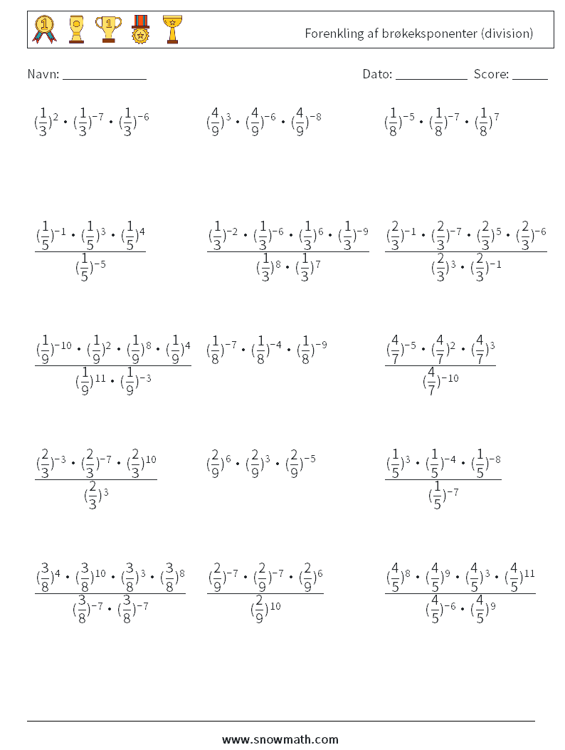 Forenkling af brøkeksponenter (division) Matematiske regneark 2