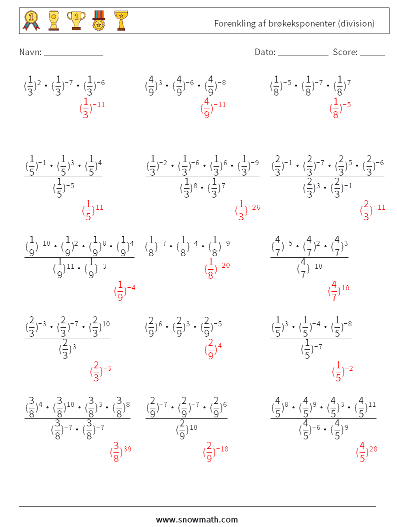 Forenkling af brøkeksponenter (division) Matematiske regneark 2 Spørgsmål, svar