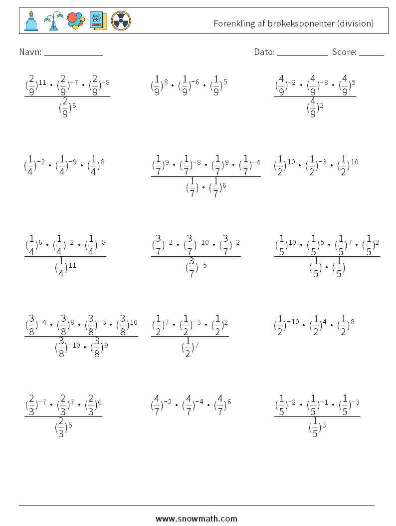 Forenkling af brøkeksponenter (division) Matematiske regneark 3