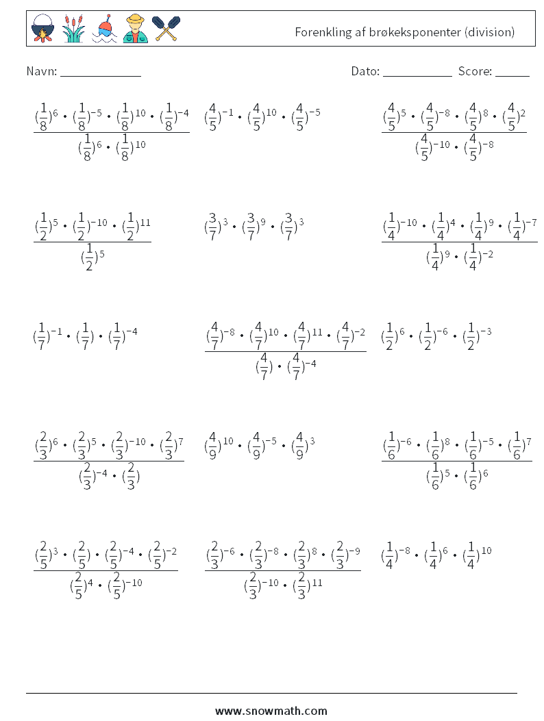 Forenkling af brøkeksponenter (division) Matematiske regneark 4