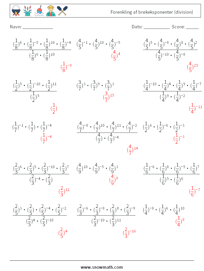 Forenkling af brøkeksponenter (division) Matematiske regneark 4 Spørgsmål, svar