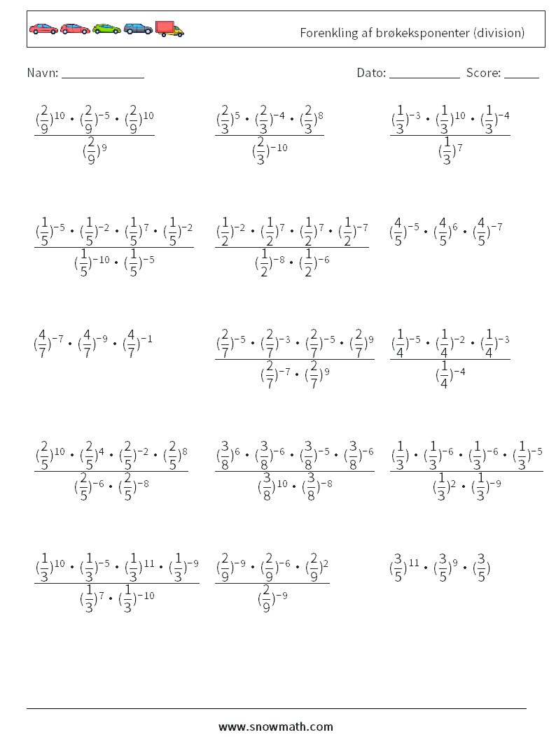 Forenkling af brøkeksponenter (division) Matematiske regneark 5