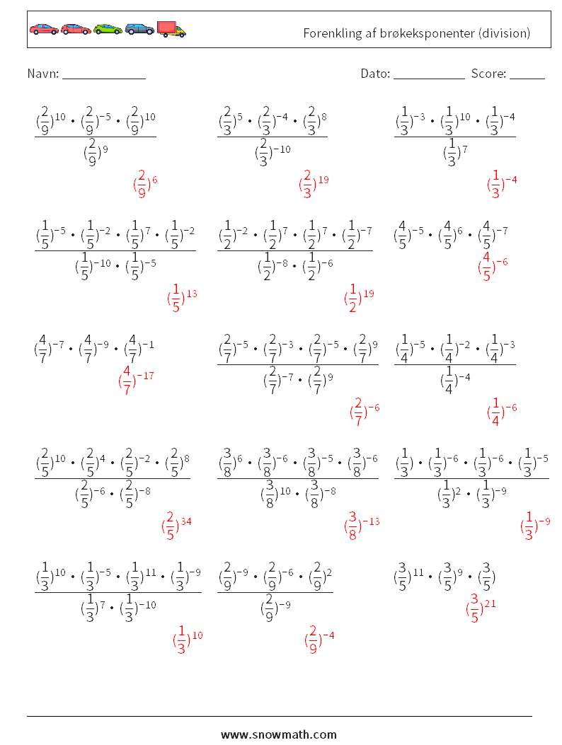 Forenkling af brøkeksponenter (division) Matematiske regneark 5 Spørgsmål, svar