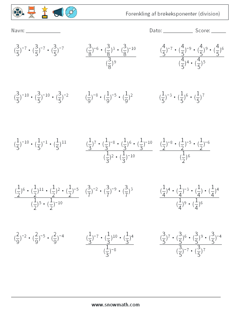 Forenkling af brøkeksponenter (division) Matematiske regneark 6