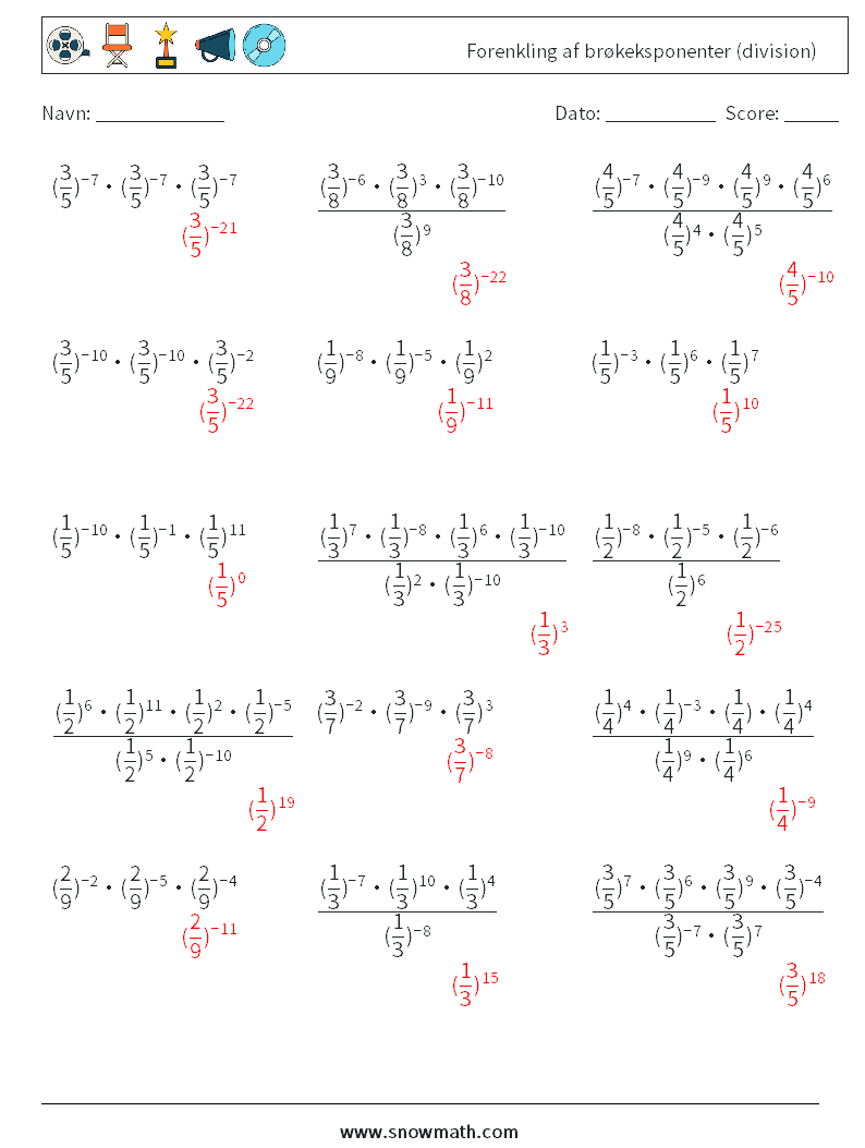 Forenkling af brøkeksponenter (division) Matematiske regneark 6 Spørgsmål, svar