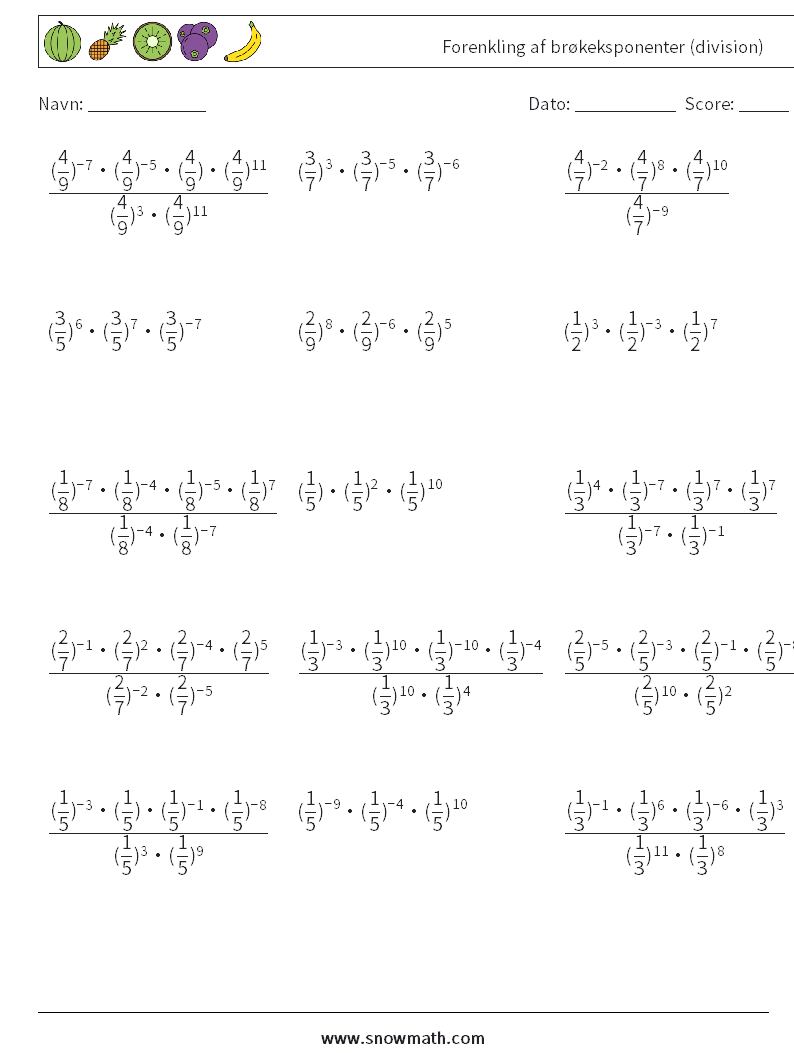 Forenkling af brøkeksponenter (division) Matematiske regneark 8