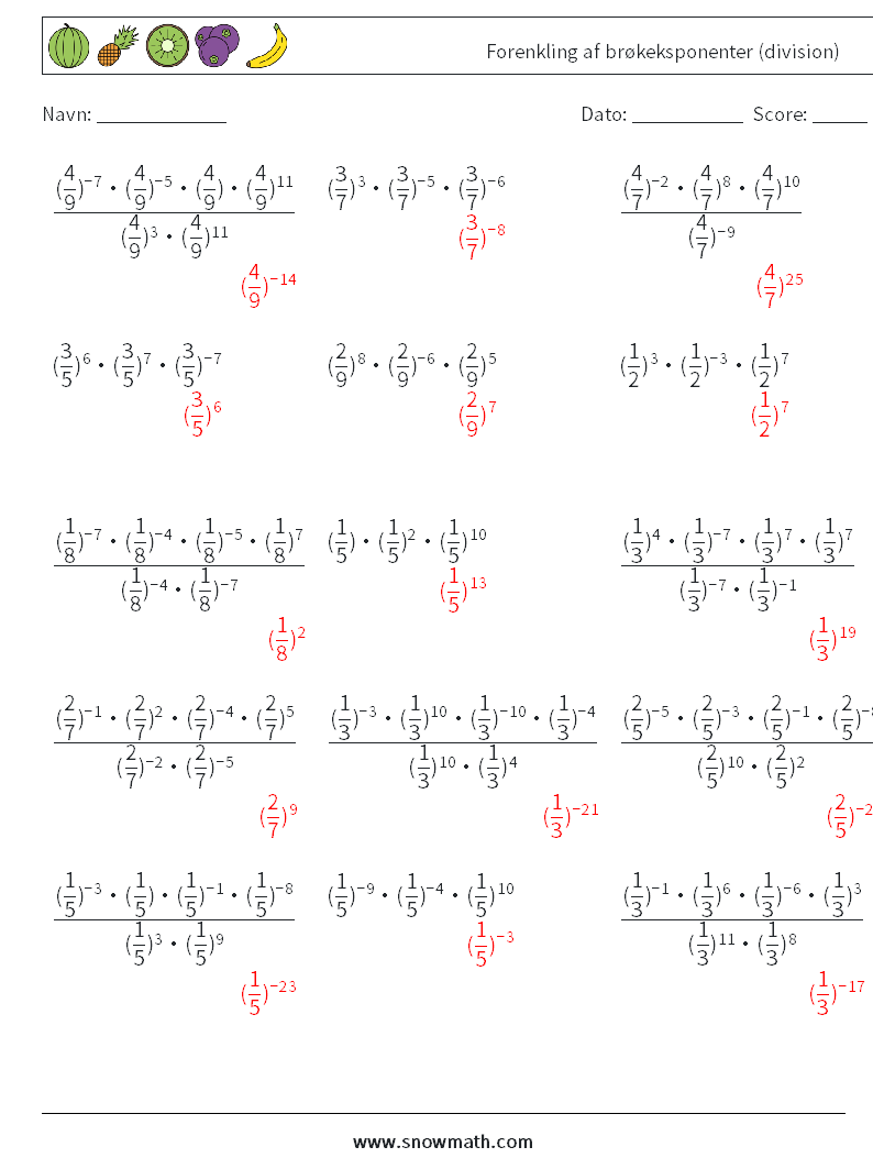 Forenkling af brøkeksponenter (division) Matematiske regneark 8 Spørgsmål, svar