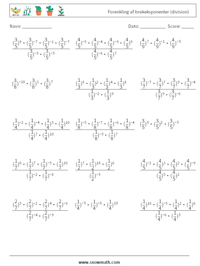 Forenkling af brøkeksponenter (division) Matematiske regneark 9