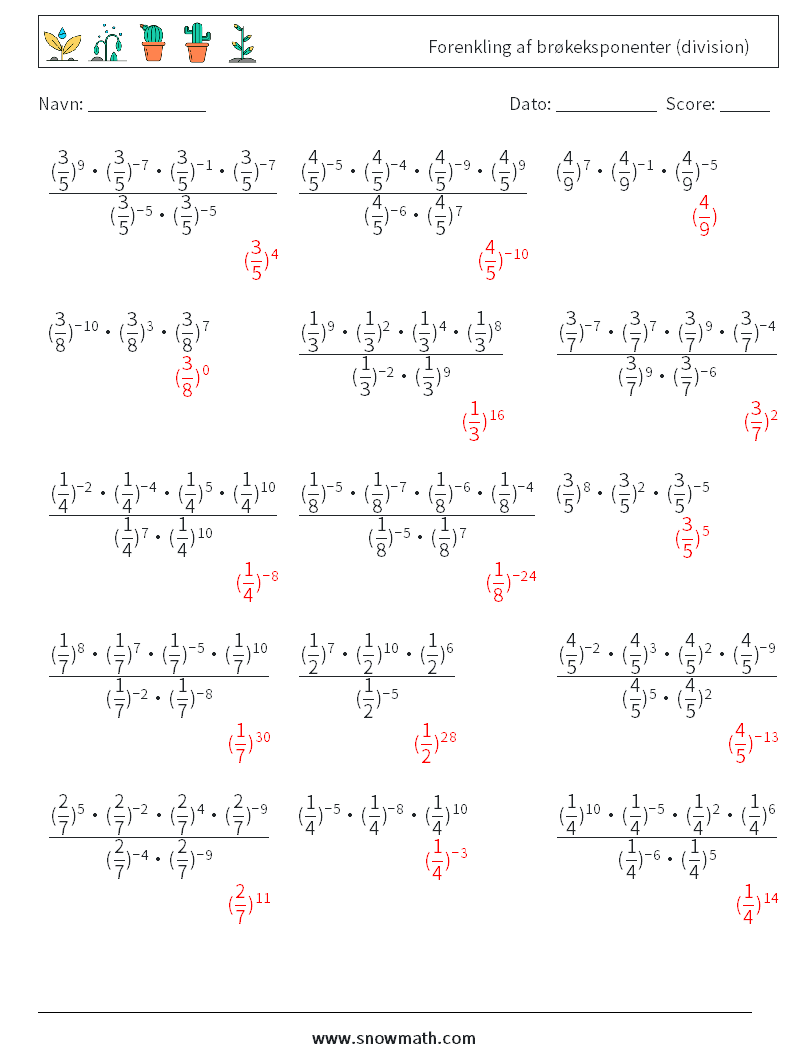 Forenkling af brøkeksponenter (division) Matematiske regneark 9 Spørgsmål, svar