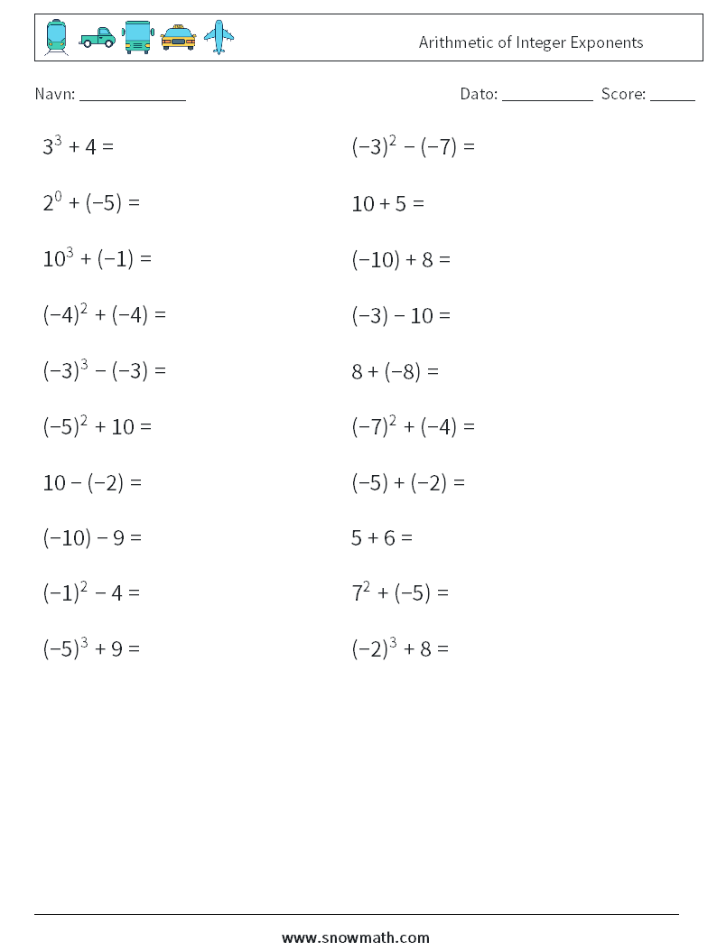 Arithmetic of Integer Exponents Matematiske regneark 1