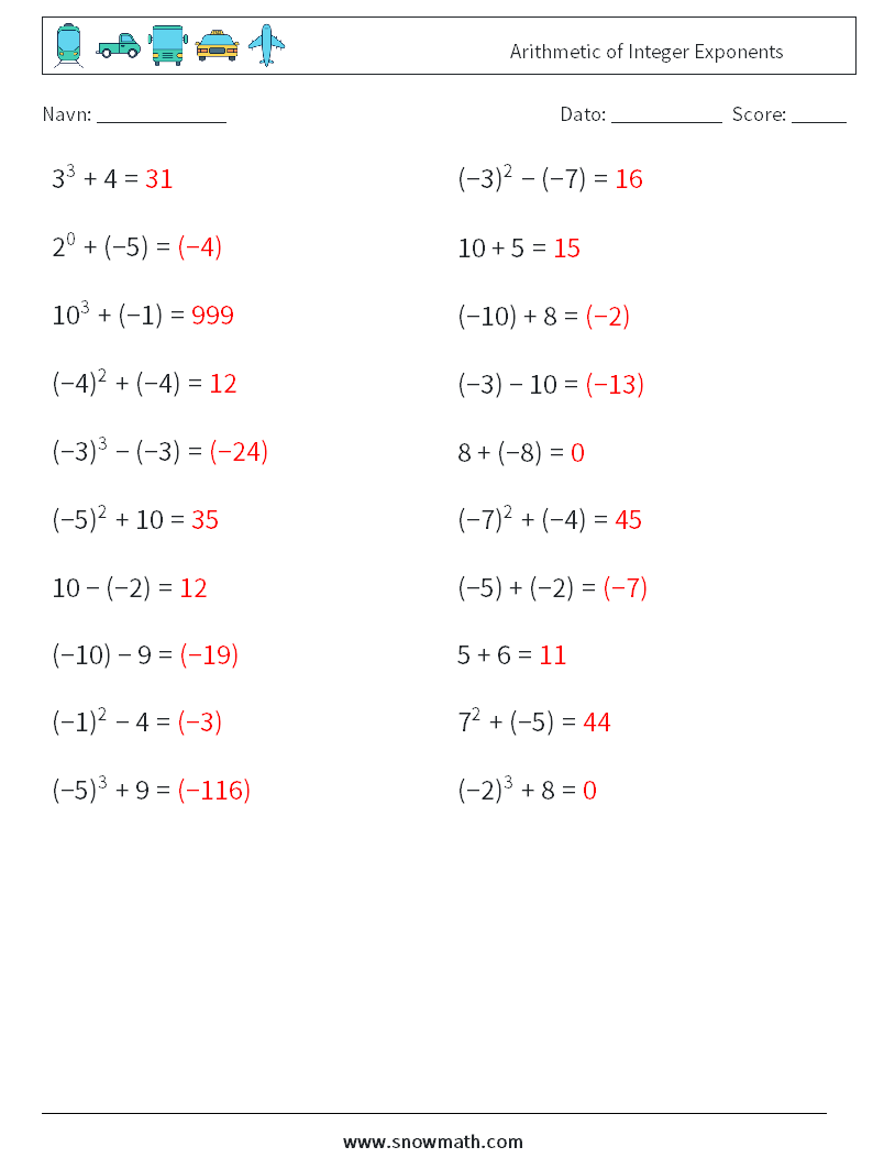 Arithmetic of Integer Exponents Matematiske regneark 1 Spørgsmål, svar