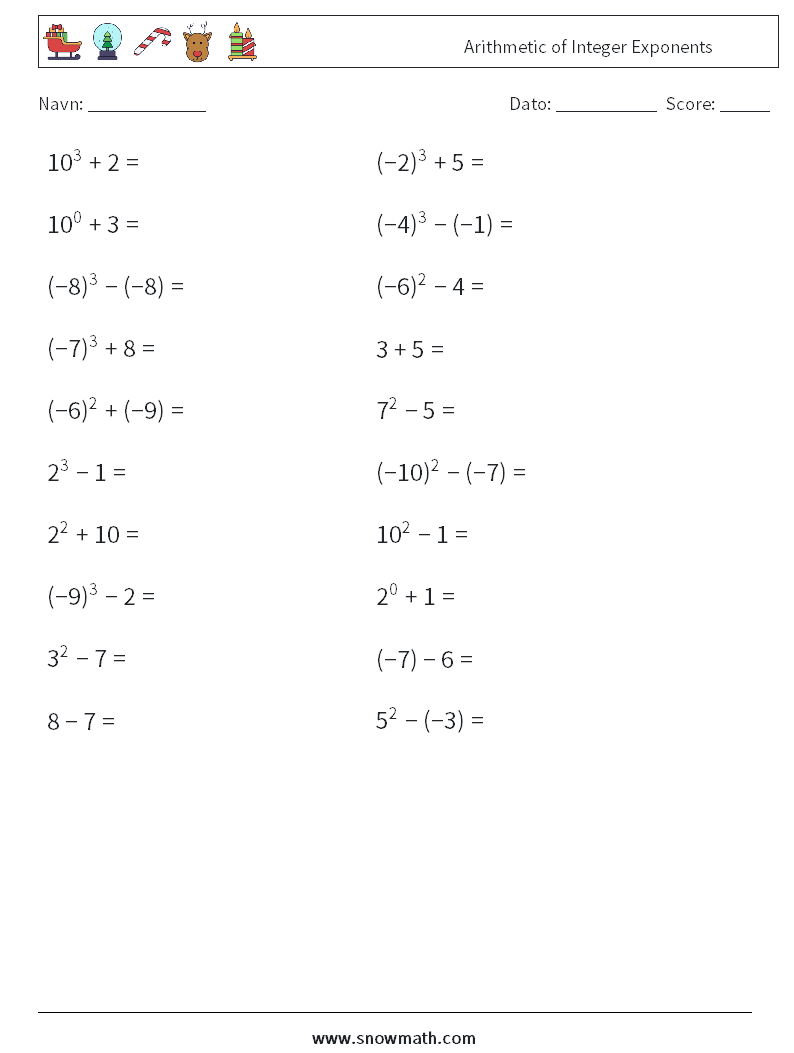 Arithmetic of Integer Exponents Matematiske regneark 2