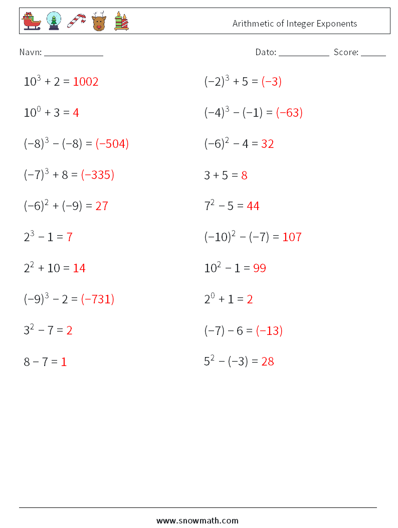 Arithmetic of Integer Exponents Matematiske regneark 2 Spørgsmål, svar