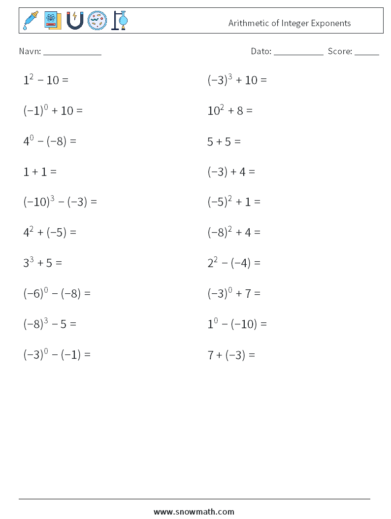 Arithmetic of Integer Exponents Matematiske regneark 3