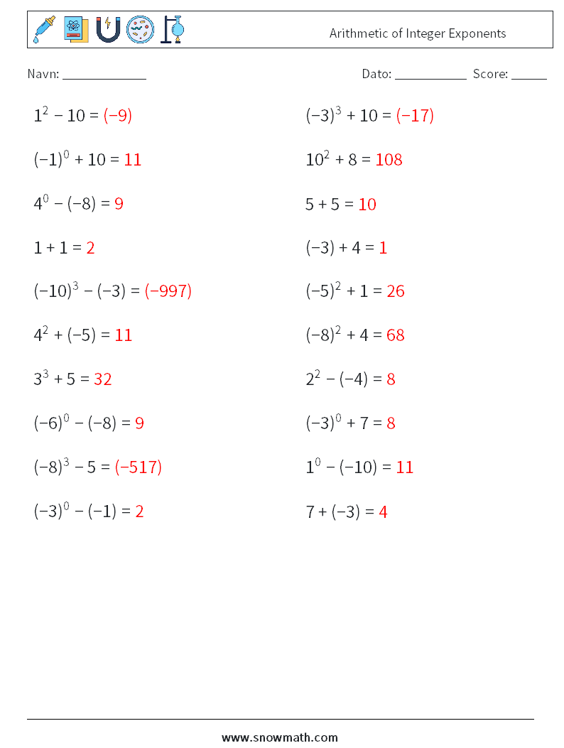 Arithmetic of Integer Exponents Matematiske regneark 3 Spørgsmål, svar