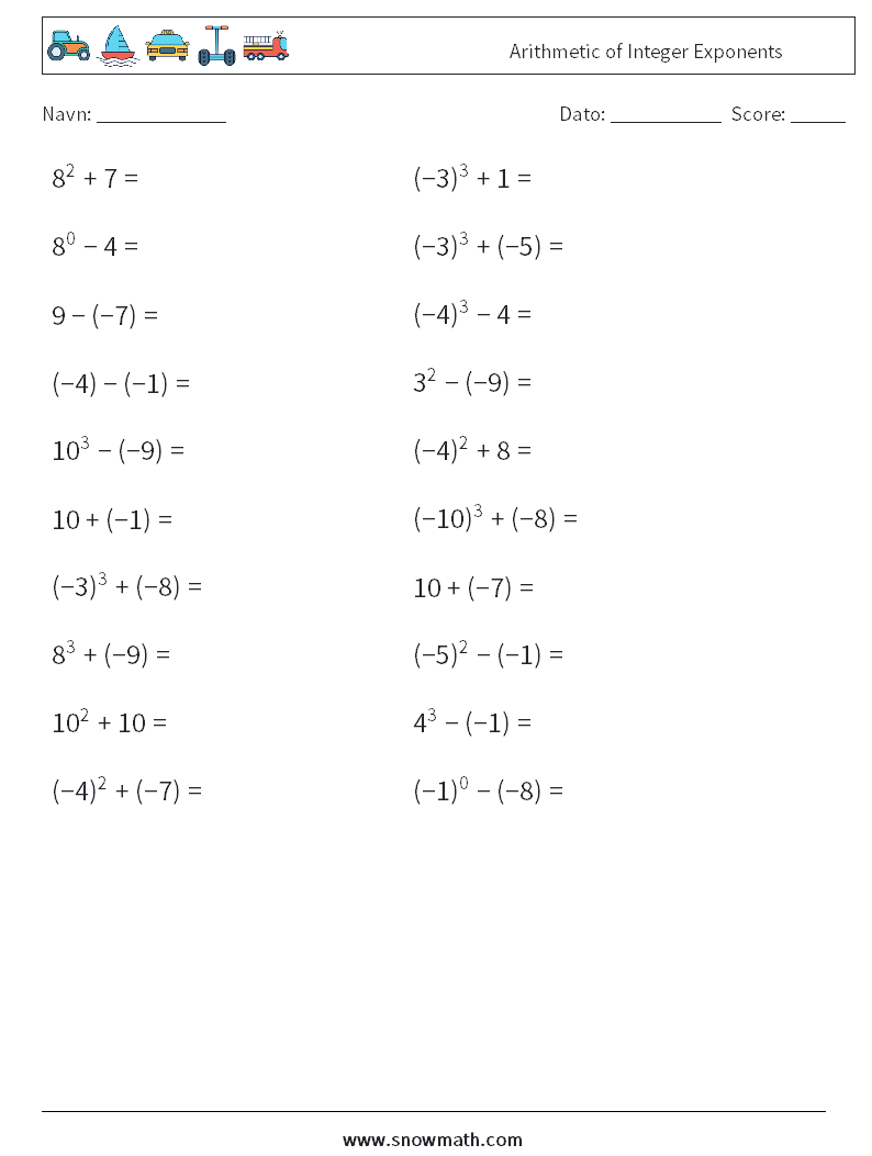 Arithmetic of Integer Exponents Matematiske regneark 4