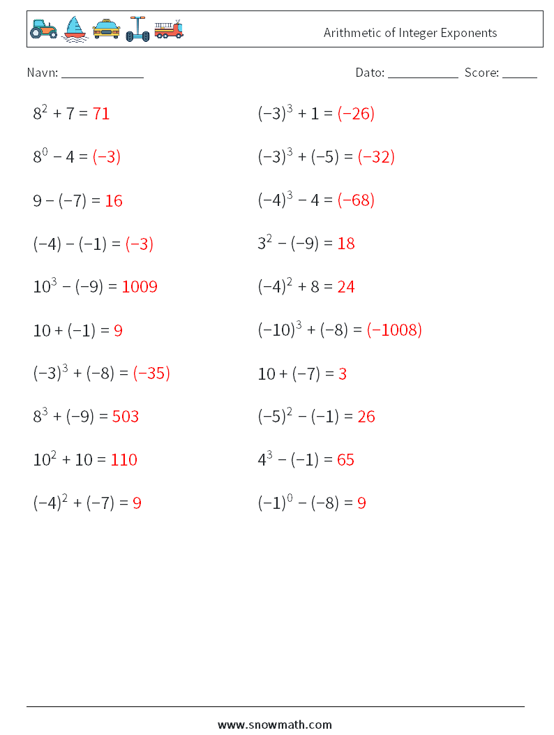 Arithmetic of Integer Exponents Matematiske regneark 4 Spørgsmål, svar