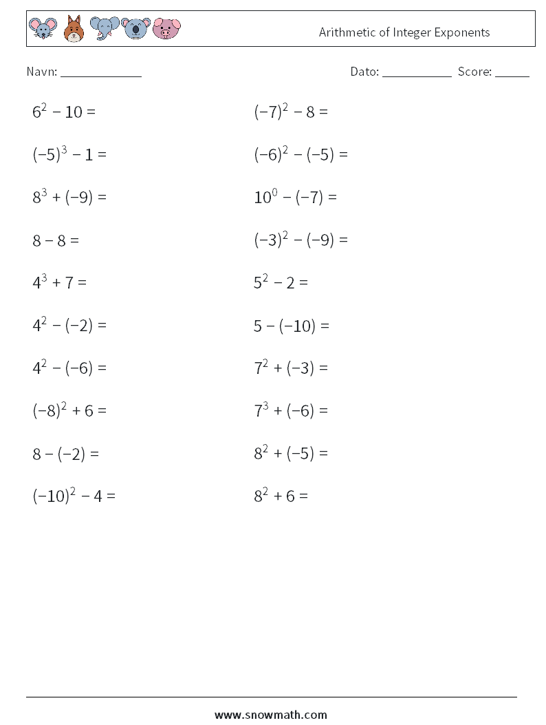 Arithmetic of Integer Exponents Matematiske regneark 5