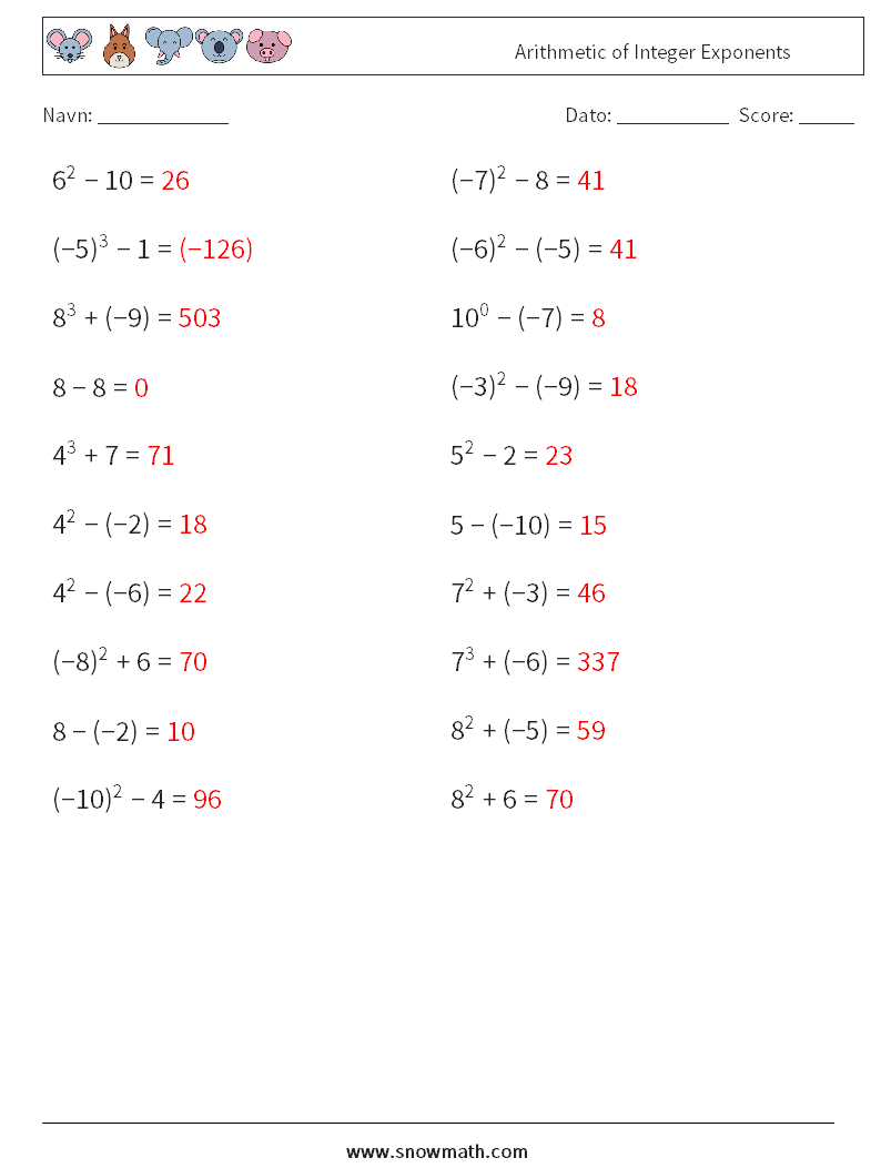 Arithmetic of Integer Exponents Matematiske regneark 5 Spørgsmål, svar