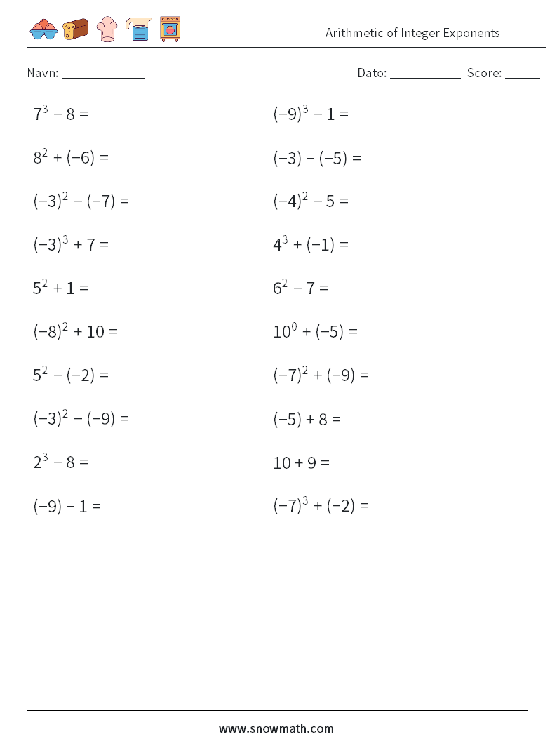 Arithmetic of Integer Exponents Matematiske regneark 6