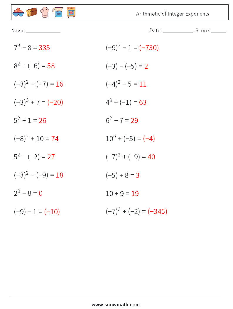 Arithmetic of Integer Exponents Matematiske regneark 6 Spørgsmål, svar
