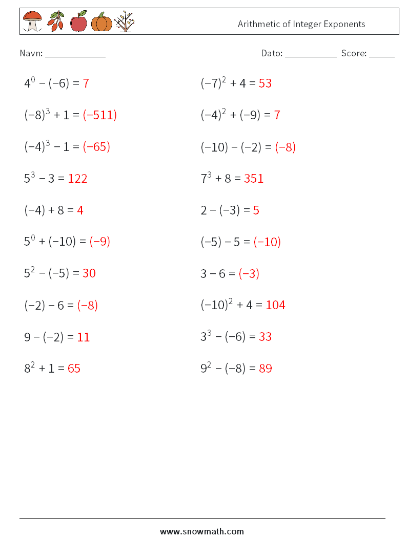 Arithmetic of Integer Exponents Matematiske regneark 7 Spørgsmål, svar