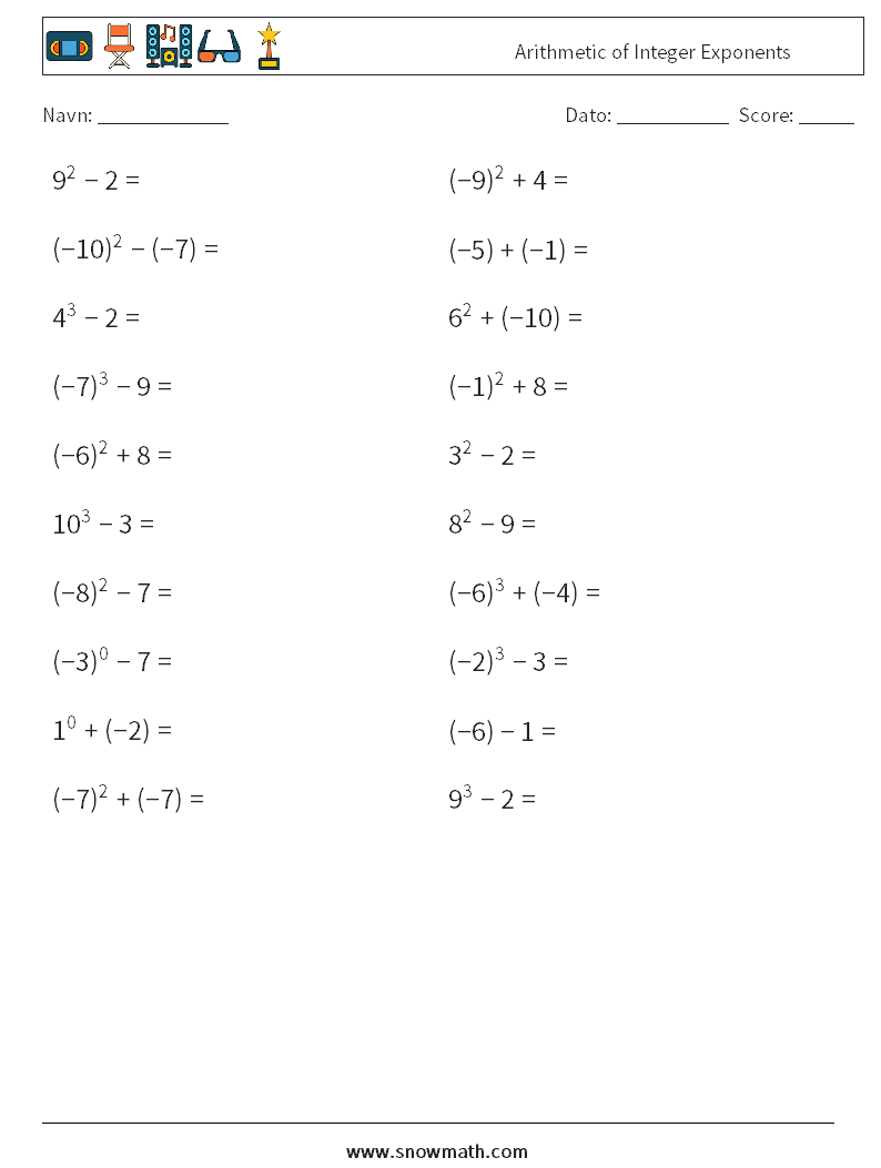 Arithmetic of Integer Exponents Matematiske regneark 8