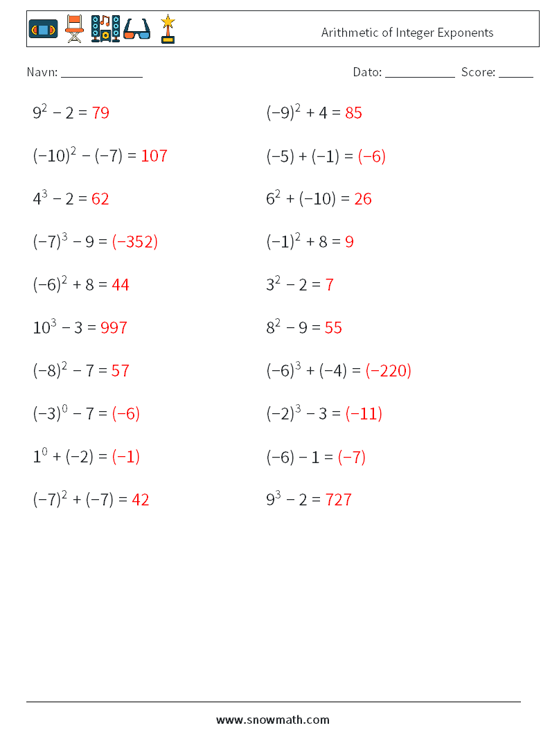 Arithmetic of Integer Exponents Matematiske regneark 8 Spørgsmål, svar